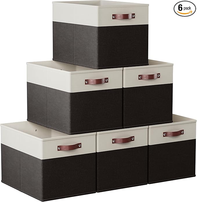 Ornavo Home 13 x 15 x 13 Kallax Storage Cube Bins, Foldable Collapsible Fabric Storage Bins Box Linen Shelf Basket Cube Organizer for Closet with Leather Handles, 6 Pack, White/Black