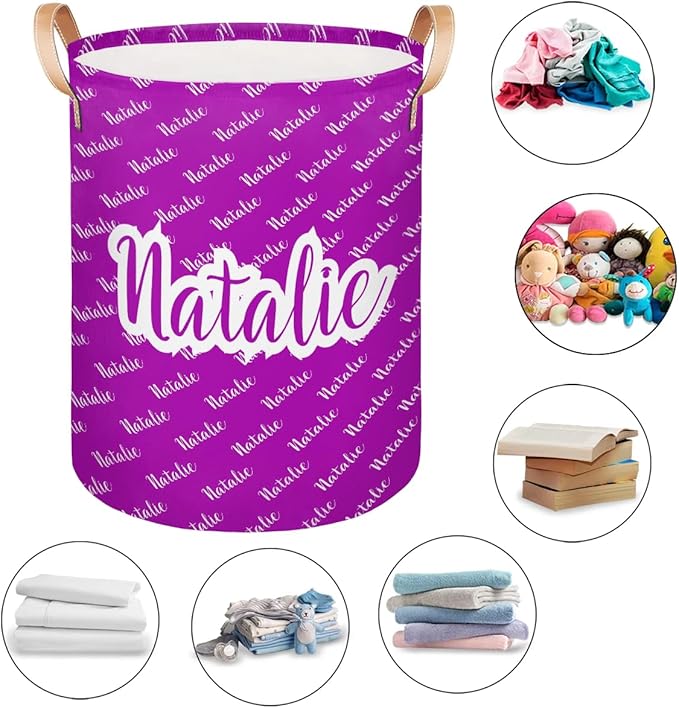 Personalized Laundry Basket, Custom Gift Laundry Hamper, Collapsible Nursery Waterproof Laundry Baskets, Dirty Clothes Toy Hamper with Handles Name Purple