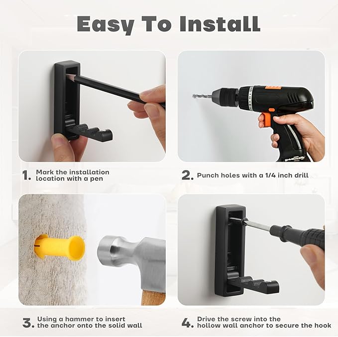 Folding Wall Hooks, 4pcs Foldable Coat Hooks, Heavy Duty Zinc Alloy No Rust Fold Up Hooks for Coat, Towel, Key, Hat, Bag, Jacket, Backpack (Matte Black)