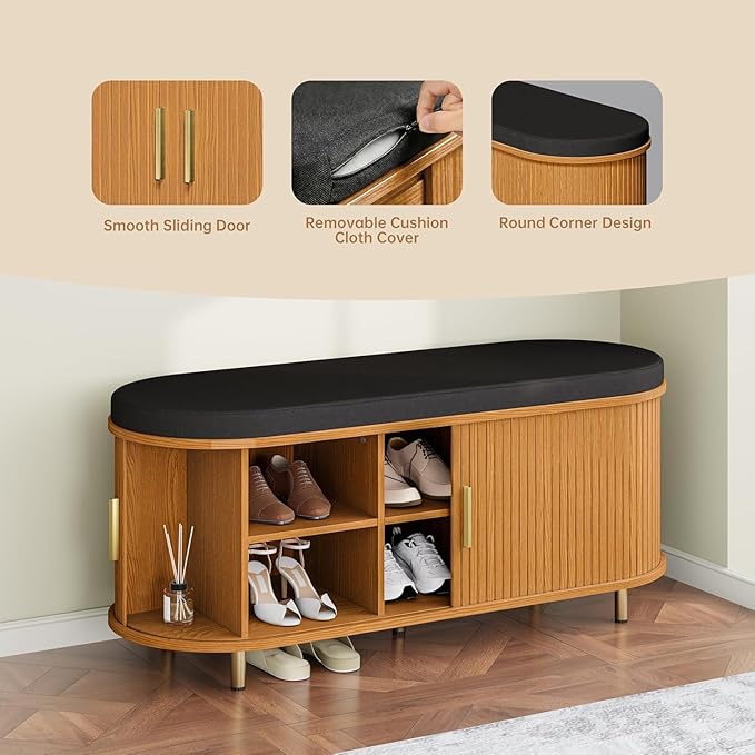 Entryway Bench with Storage: 43.31" Wooden Bedroom Shoe Bench with Thickened Padded Seat Cushion, Mid Century Modern Fluted Sliding Door and Adjustable Shelf, for Entryway, Living Room