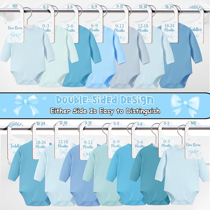 Baby Closet Dividers 8PCS, Blue Bow Themed Wooden Double-Sided Clothes Size Hanger Organizer from Newborn to Toddler for Nursery Decor Baby Shower Birthday Gift