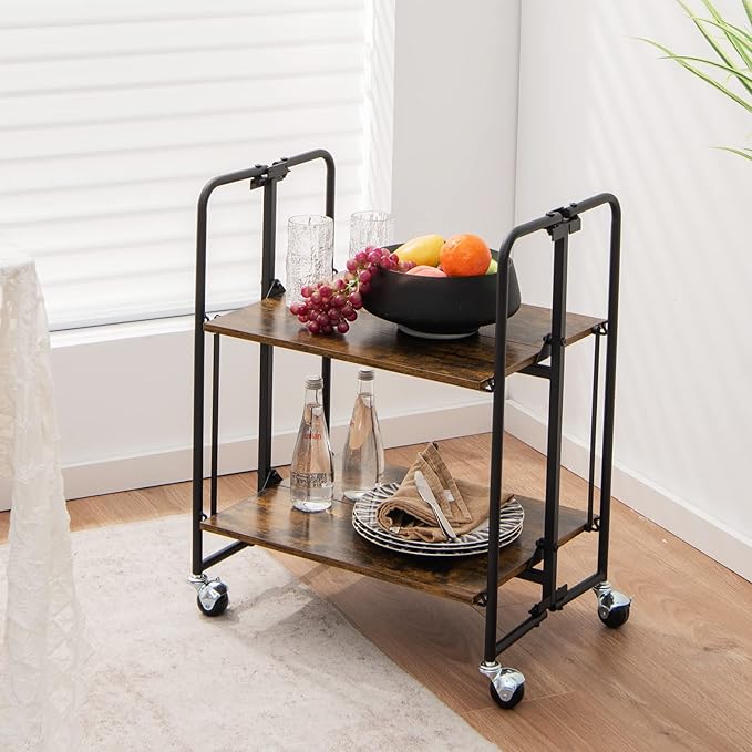 Giantex Foldable Storage Shelves with Wheels, No Assembly 2-Tier Rolling Cart, 2 of The Wheels Have Locks, Microwave Utility Cart Baker Rack, Portable Storage Rack w/Metal Frame, for Kitchen, RV