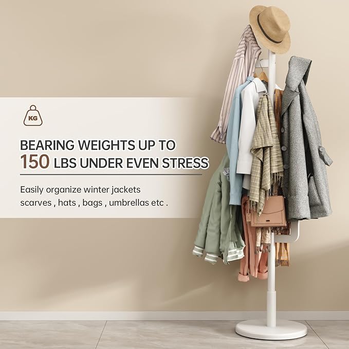 Solid Wood Cactus Coat Rack, Freestanding Coat Rack With 6 L-Shaped Hooks and 3 Adjustable Sizes, Coat Tree for Bedroom, Entryway, Livingroom, Coat Hanger Stand for Coats, Handbags (White)