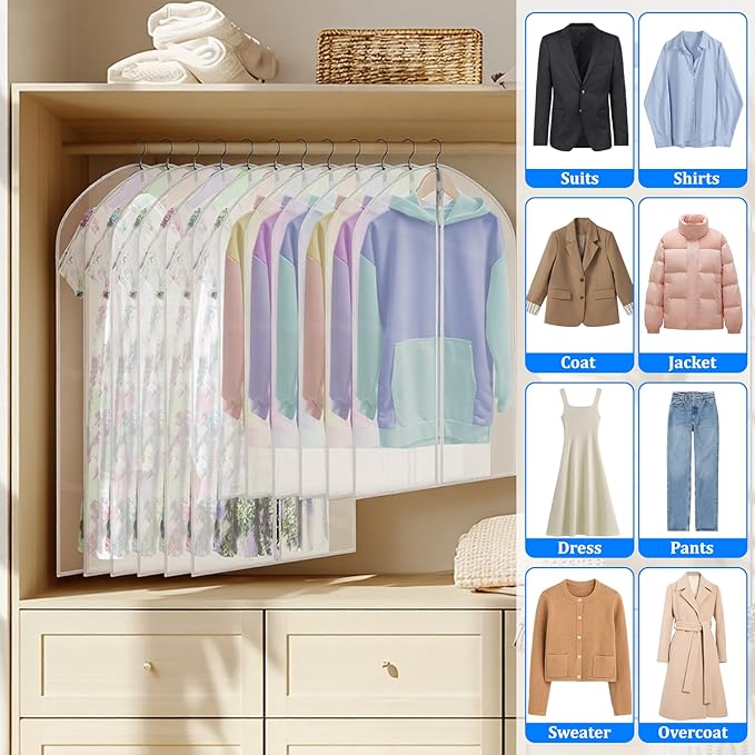 20 Pack Combo Size Garment Bags for Hanging Clothes with Zipper, Translucent Coat Covers for Closet Waterproof Dustproof Garment Covers Bags for Wardrobe Storage and Travel 24" x 40"/ 24" x 47"