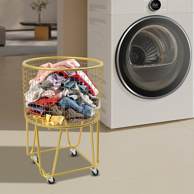 Rolling Laundry Basket Cart, Metal Laundry Hamper with Wheels, Laundry Organizer Basket Cart, Clothes Storage Organizer Hamper for Living Room,Bathroom,Closet (Gold, Round)