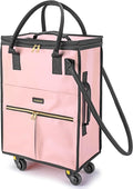 Reusable Grocery Bag on Wheels, Foldable Rolling Duffle Bag, Carry on Luggage Bag with Handle and Zipper Cover for Travel, Lightweight Rolling Tote Shopping Carts (Matte-Pink, Small_41L)