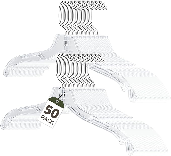 Clear Plastic Hangers 50 Pack, Heavy Duty Clothes Hangers with 360° Swivel Hook, 2.1" Ultra-Wide Non-Slip Notches & Non-Slip Grips for Dresses, Shirts, Coats, Suits