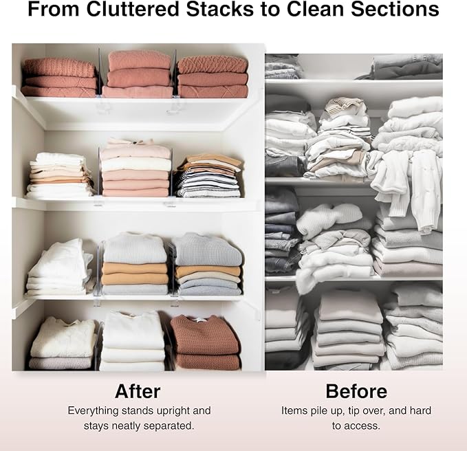 Shelf Dividers Purse Organizer for Closet: 12-Pack Acrylic Bag Storage Organizer for Handbags, Clutches, Clothes, Sweater, Towel on Wood Shelves