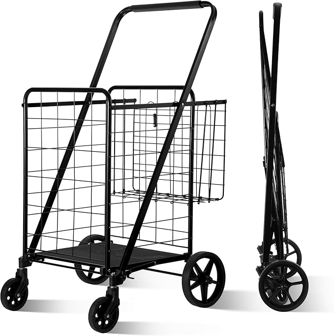 Folding Shopping Cart, Grocery Cart, 340 Lb Capacity, Utility Cart with 360° Rolling Swivel Wheels, Large & Extra Basket