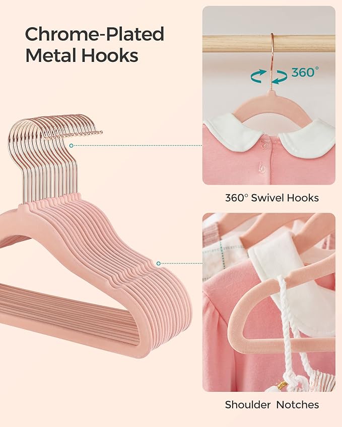 SONGMICS Baby Kids Hangers 30 Pack for Closet, 11.8 x 8.1 Inches, Rose Gold 360° Swivel Hooks, Space-Saving Clothes Velvet Hangers for Nursery, Non-Slip, Jelly Pink UCRF027P30