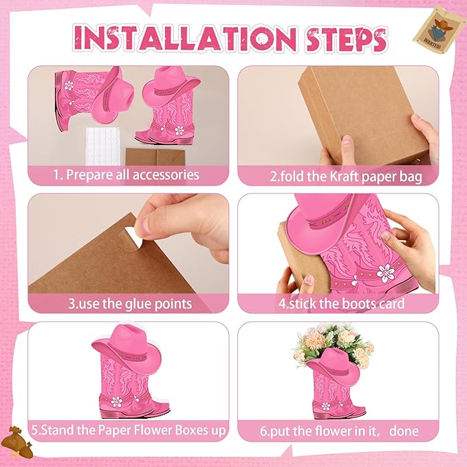 Domensi 8 set Western Cowboy Boots Flower Boxes Centerpiece Boot Shape Box Decorations Western Theme Party Boot Gift for Cowboy Cowgirl Birthday Party Baby Shower Wedding Supplies (Pink,Cute)