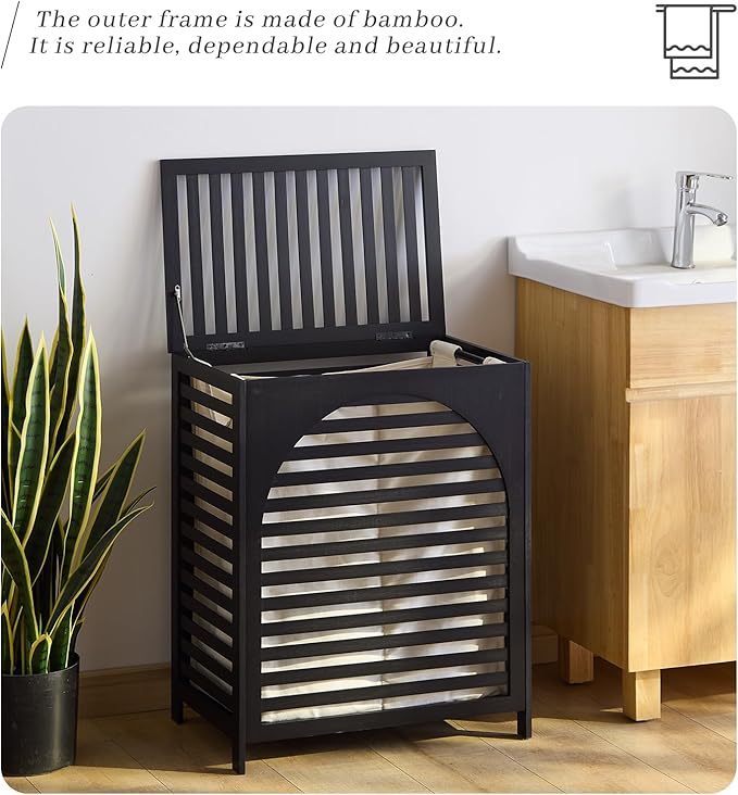Laundry Hamper with Lid, Bamboo Clothes Laundry Basket with Handles, Removable 2-Section Liner bag, Hampers for Bedroom Aesthetic, Large Storage for Bath Towel, Sheets or Toys, Home (Black)