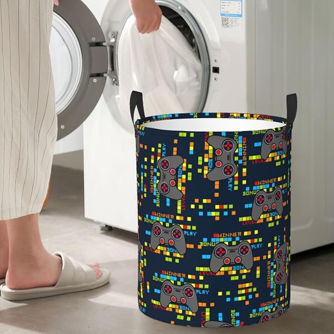 Game Joystick Gaming Pixels Round Laundry Hamper Storage Basket Toys Clothes Organizer Bin For Home Bathroom Bedroom Dorm Nursery, 62l