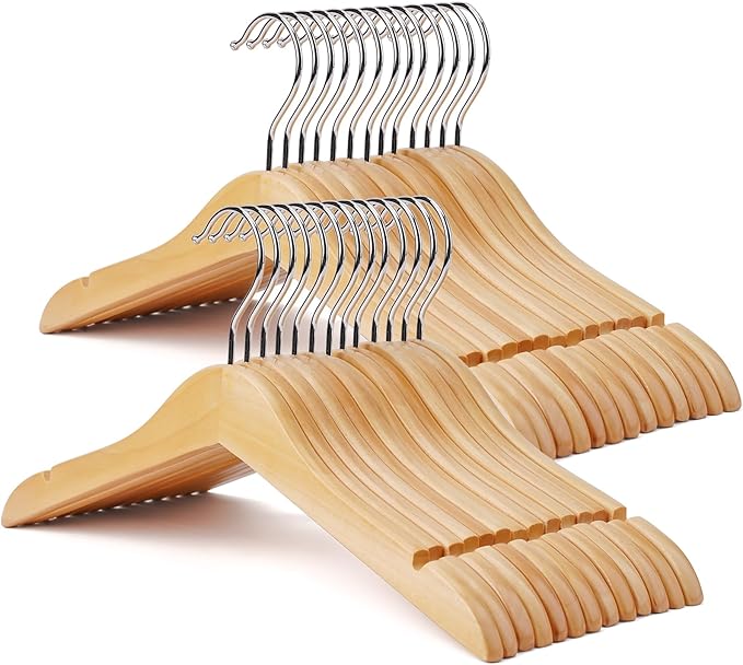 Kid Hangers 30 Pack Soild Wooden Hanger,Natural Smooth Finish Wooden Baby Hangers with Non Slip Notches & Anti-Rust 360 Swivel Hook,Durable Toddler Hanger for Coat,Shirt,Dress