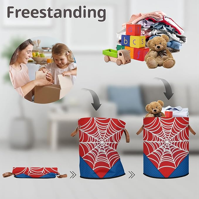 Large Laundry Hamper Basket Red Spider Web Round Collapsible Storage Organizer Bin for Kids Room, Boys, Nursery, Closet, Bedroom, Playroom, Toys, Dirty Clothes, 16"W x 20"H