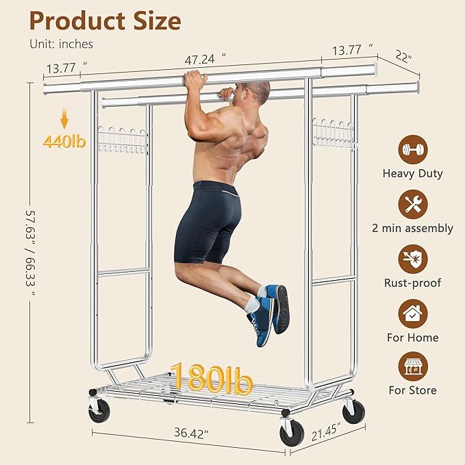 Hoctieon 2-Minute Assembly Double Rod Clothes Rack, Heavy Duty Rolling Clothing Racks with Wheels, Foldable Commercial Garment Rack, Extendable Hanging Bar, Adjustable Metal Pole with Hooks, Chrome
