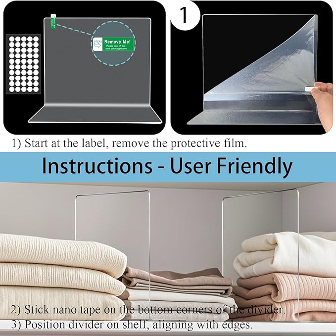 Shelf Dividers for Closet Organization: 12" Tall x 12" Deep Acrylic Shelf Dividers for Clothes Sweater Purse - Clear Closet Organizers and Storage Separators for Shelves, 12Pack