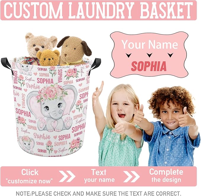 Elephant Laundry Basket,Personalized Laundry Hamper for Boys Girls,Custom Laundry Basket With Name, Customized Dirty Clothes Hamper for Bathroom Bedrooms,M-19.5"X 15.7"
