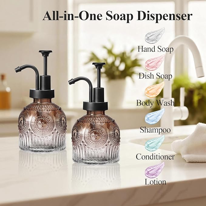 SheeChung Vintage Soap Dispenser, Kitchen Dish Soap Dispensers with Pump Mat, Glass Hand Soap Dispenser for Bathroom, Liquid, Lotion, Refillable, Rustic Farmhouse Decor-Brown (Black Pump, 1 pk)
