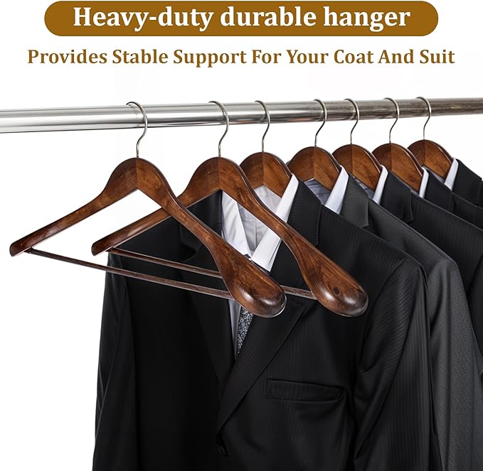 Wooden Suit Hangers 10 Pack Wide Shoulder Wooden Suit Coat Hangers with Non Slip Pants Bar Premium Wood Hanger with 360 Degree Swivel Hooks for Sweater, Pants, Heavy Clothes, Walnut