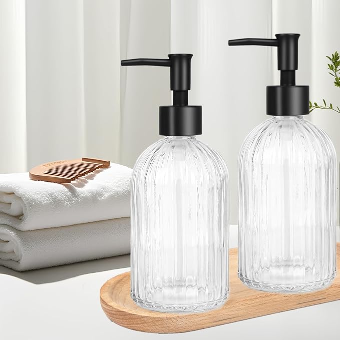 Clear Glass Soap Dispenser with Pump, 13.5oz Glass Striped Hand Soap Dispenser, Refillable Hand Liquid Dispenser Set for Modern Home Decor, Bathroom, Kitchen Countertop, Dish Soap, Lotion (2 Pack)
