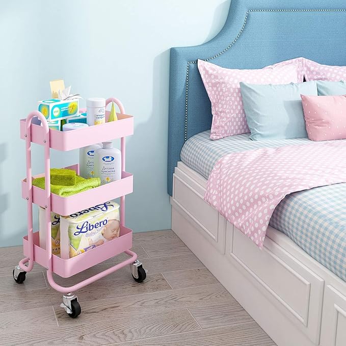 3-Tier Utility Rolling Cart,Kitchen Storage Carts with Wheels,Pink Metal Rolling Cart for Office,Home,Kitchen,Garden（13.4"x18.1"x31"） Pink