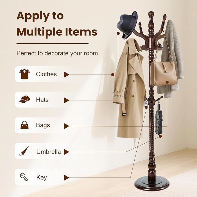 Freestanding Coat Rack with 11 Hooks, Sturdy Wooden Hall Tree for Entryway, Heavy-Duty Disc Base for Hats, Jackets, Bags, Easy Assembly for Bedroom, Hallway, Office