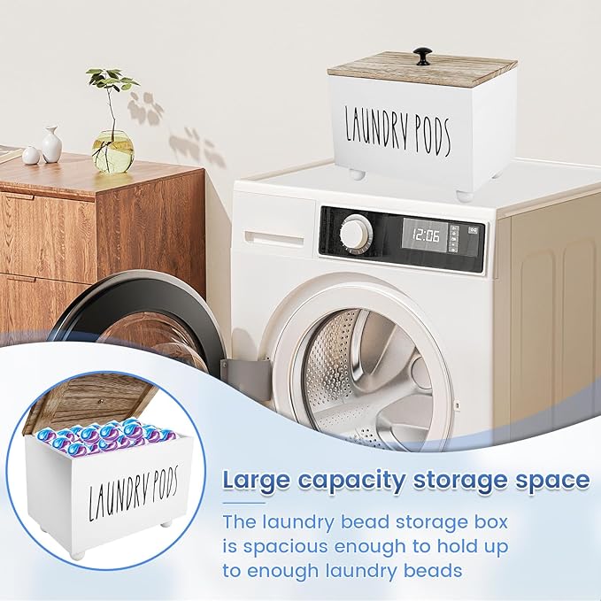 Laundry Pods Container, Farmhouse Laundry Pod Holder, Dryer Sheet Dispenser Laundry Wooden Box Container, Wooden Pods Caddy with Lid for Laundry Room Accessories Organization Decor Dispenser (White)