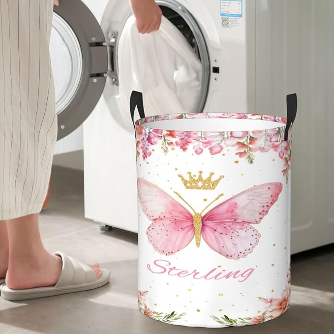 Personalized Butterfly Laundry Basket For Baby Kids Boys Girls Adult Custom Hamper Basket With Name For Bathroom Bedrooms Collapsible Baby Laundry Basket, Dirty Clothes Hamper With Handles