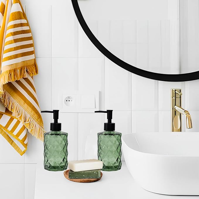 Green Soap Dispenser, 12oz Black Pump Green Glass Soap Dispenser, Refillable Hand Liquid Dispenser Set, Lotion Dish Dispenser for Modern Home Decor, Bathroom, Kitchen Countertop(2 Pack)