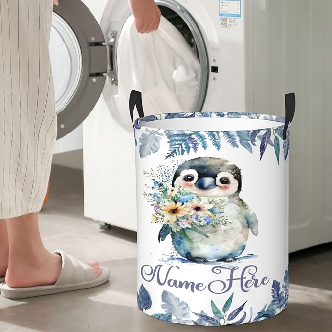 Personalized Penguins Laundry Basket For Baby Kids Boys Girls Adult Custom Hamper Basket With Name For Bathroom Bedrooms Collapsible Baby Laundry Basket, Dirty Clothes Hamper With Handles