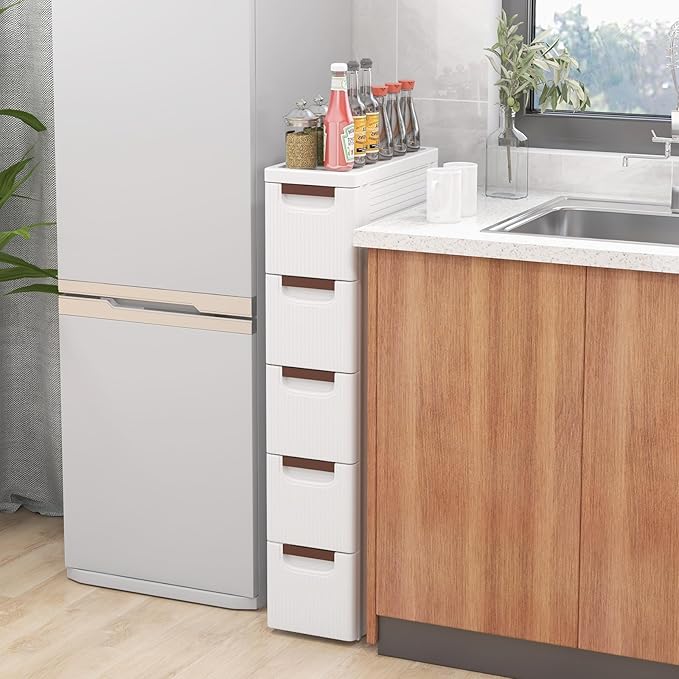 LOKO 5-Drawer Narrow Storage Cabinet, Slim Rolling Cart, Mobile Plastic Cart Container with Pull Handles, Built-in Wheels, for Living Room, Kitchen, Bathroom, Office (7.5"x16.5"x36" (5 Drawer))