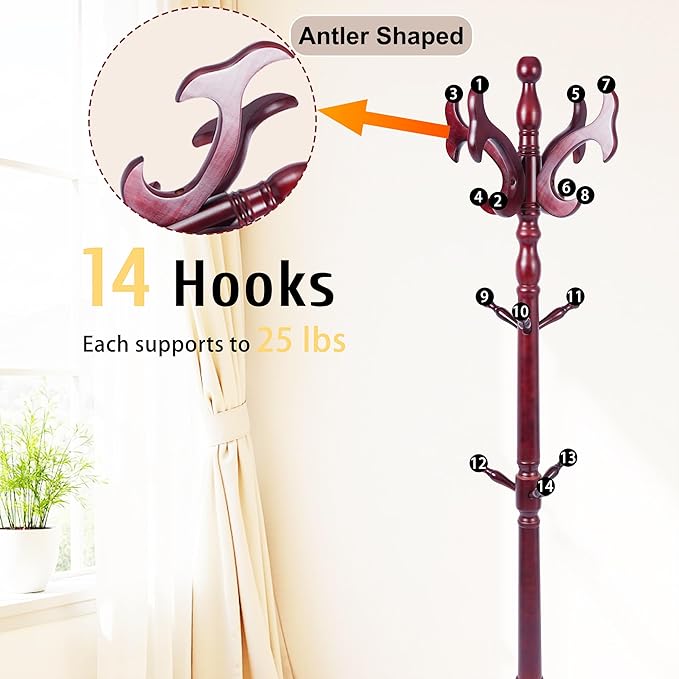 Solid Wood Coat Rack Freestanding with 14 Hooks Antler Shaped,72'' Adjustable Heights Sturdy Coat Racks Tree for Coats Hats Bags,Vintage Wood Coat Tree Hanger Stand for Living Room,Entryway,Office