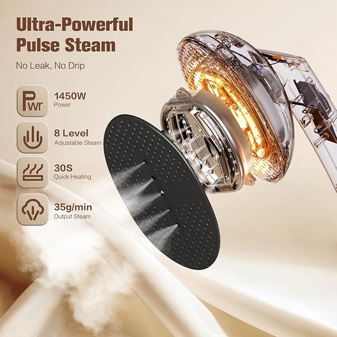 2-in-1 Handheld Steamer for Clothes & lron, 145oW Portable Garment Steamer with Smart LCD Display, 40oml Large Tank,8 Steam Levels, 90° Rotating Head, Fast Heat & Auto-Off for Home/Travel