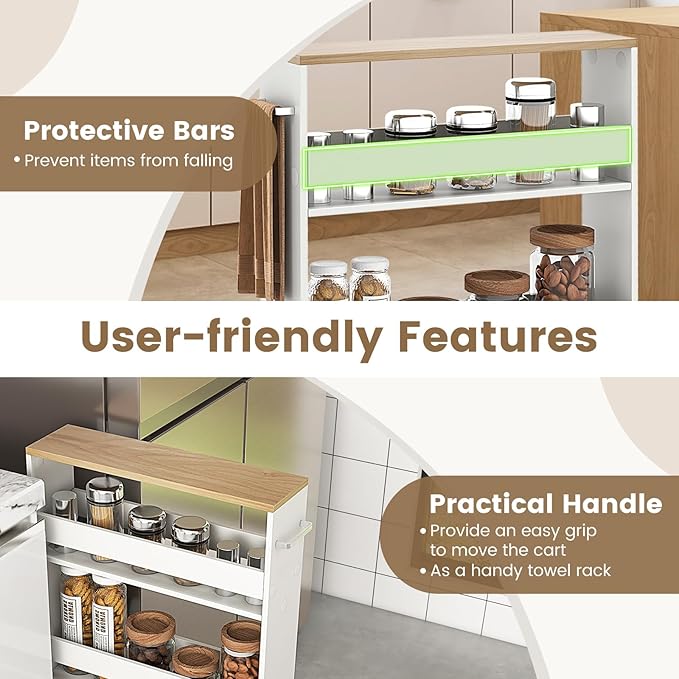 4-Tier Slim Rolling Storage Cart, Wooden Kitchen Utility Cart with Wheels & Handle, Space Saving Trolley, Slide Out Shelving Unit for Narrow Spaces, Laundry, Bathroom (White + Natural)