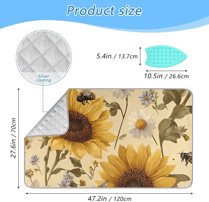 Ironing Mat Pad for Table Portable Travel Iron Blanket Ironing Board Covers Pressing Mat Heat Press Pads 27.6x47.2 Inches Beige Sunflowers and Daisy Bees32
