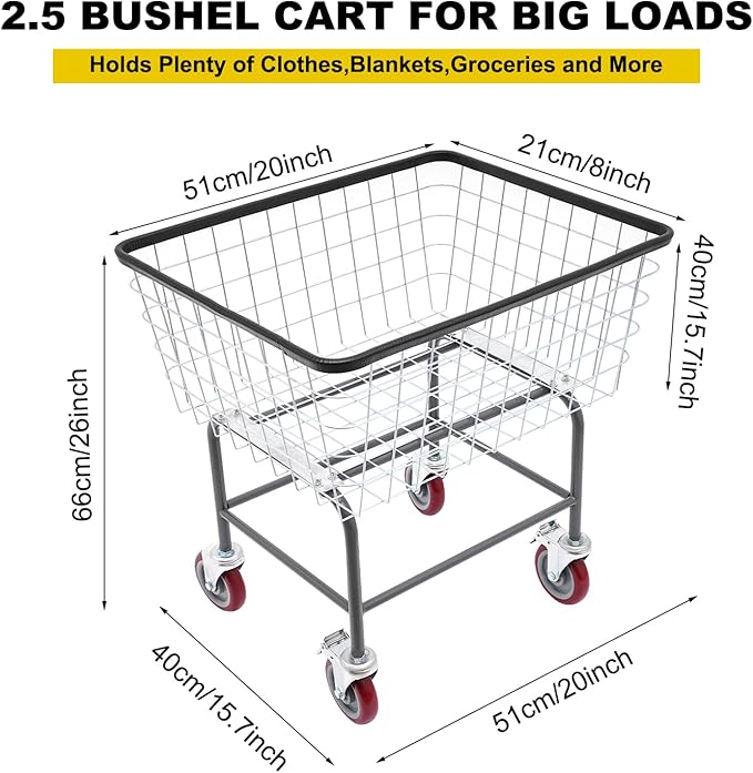 135L Wire Laundry Cart w/Wheels, Rolling Laundry Basket, Commercial Basket Carts for Laundry Room, Hotel, Home, Apartment Use, Durable Steel Frame with Galvanized Finish, 5" Casters