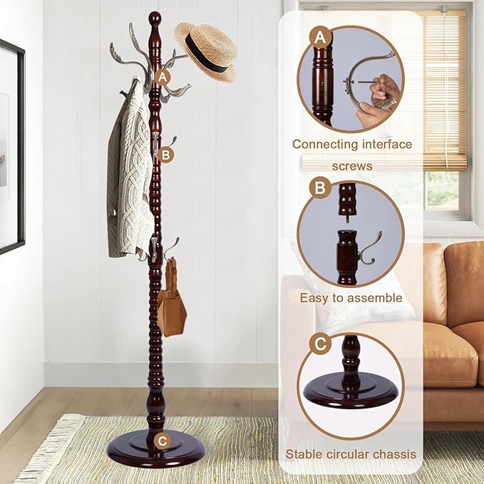 Solid Wood Coat Rack, Free Standing Hall Coat Tree with 14 Hooks, 3 Height Options, 300lbs Load, Stury Base, Clothes Rack for Entryway, Hallway, Bedroom (Disc Base - Metal Phoenix Hook)