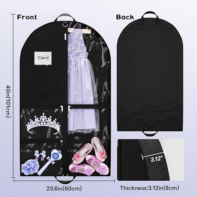 Dance Garment Bags for Dancers, 40" Garment Bags for Hanging Clothes with 3 Clear Zipper Pockets, Cheer Uniform Garment Bag for Suits, Travel & Sports Jersey, Cheer Uniform (Black, 1Pack 40")