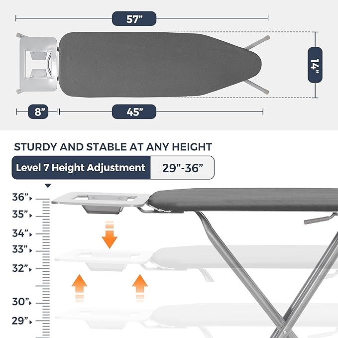 STO STO Ironing Board 45" x 14" with Iron Holder, Adjustable Height 29" to 36", Full Size Foldable Iron Board with Silver Coated Cotton Removable Cover, Sturdy Steel Frame and Legs, Gray