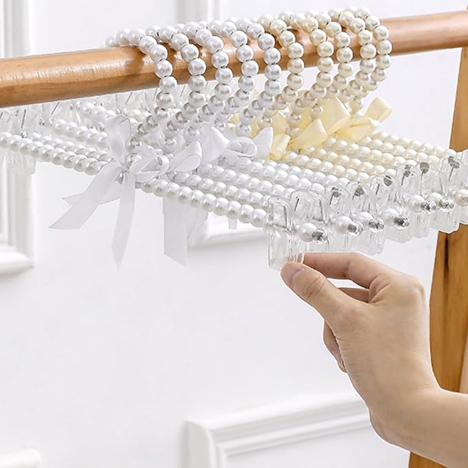 13 inch Pearl Hanger Pants Hangers with Clip,Cute Ribbon Bow Hanger Clip Hangers for Wedding Dress Bride Bridesmaid Lingerie (5, White)