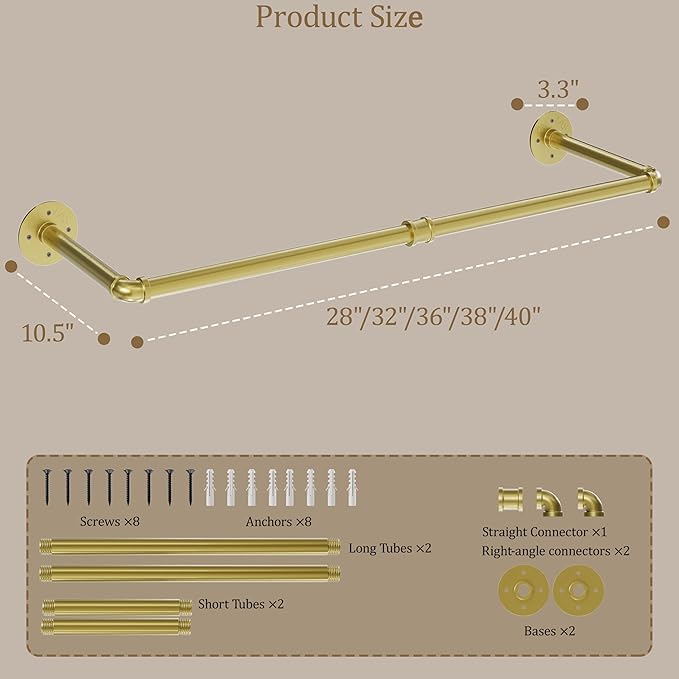 Wall Mounted Clothes Rack, Industrial Pipe Clothing Rack 32 Inch Gold, Wall Clothes Hanger for Bedroom, Cloakroom, Closet, Hallway, Boutique Display, Drying Racks Wall-Mount for Laundry