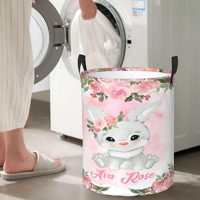 Personalized Bunny Laundry Basket For Baby Kids Boys Girls Adult Custom Hamper Basket With Name For Bathroom Bedrooms Collapsible Baby Laundry Basket, Dirty Clothes Hamper With Handles