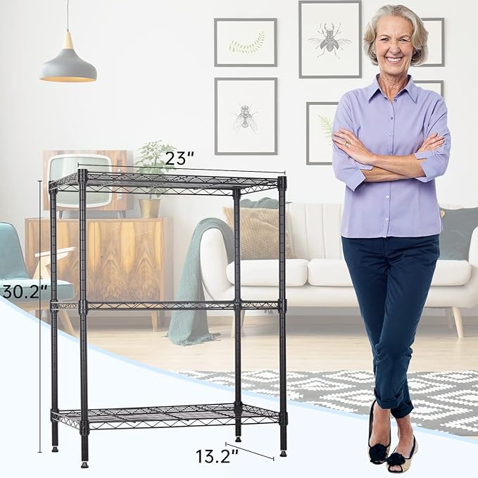 3-Tier Metal Wire Shelving Unit, Heavy Duty Adjustable Storage Rack for Laundry Room, Pantry, Kitchen, Garage Organization and Storage, Small Space Shelves (Black, 23"L × 13.2"W × 30.2"H)