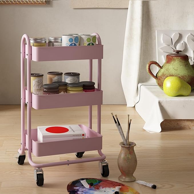 3-Tier Utility Rolling Cart,Kitchen Storage Carts with Wheels,Pink Metal Rolling Cart for Office,Home,Kitchen,Garden（13.4"x18.1"x31"） Pink