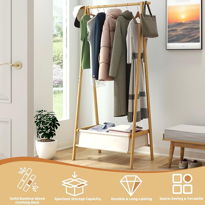 Clothing Rack with Storage Box, Dress Up Rack, Dress Up Storage, Large Foldable Bamboo Garment Stand with Hanging Rods, Dress Up Holder
