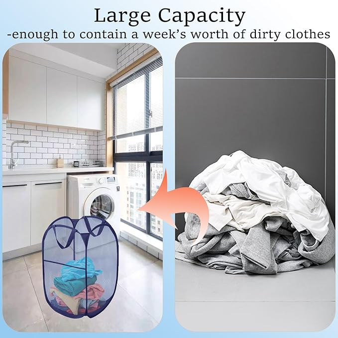 Collapsible Laundry Baskets Mesh Pop Up Laundry Basket Portable Laundry Hamper, Foldable Clothes Basket Storage Hampers (Blue - 2 Pack)