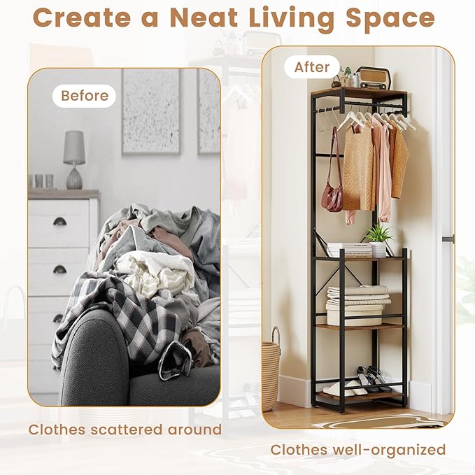 Tangkula Industrial Narrow Coat Rack Freestanding, Slim Hall Tree with 4 Storage Shelves, 6 Hooks & 3 Hanging Rods, Heavy-Duty Metal Clothes Rack Stand Organizer for Entryway, Hallway, Bedroom