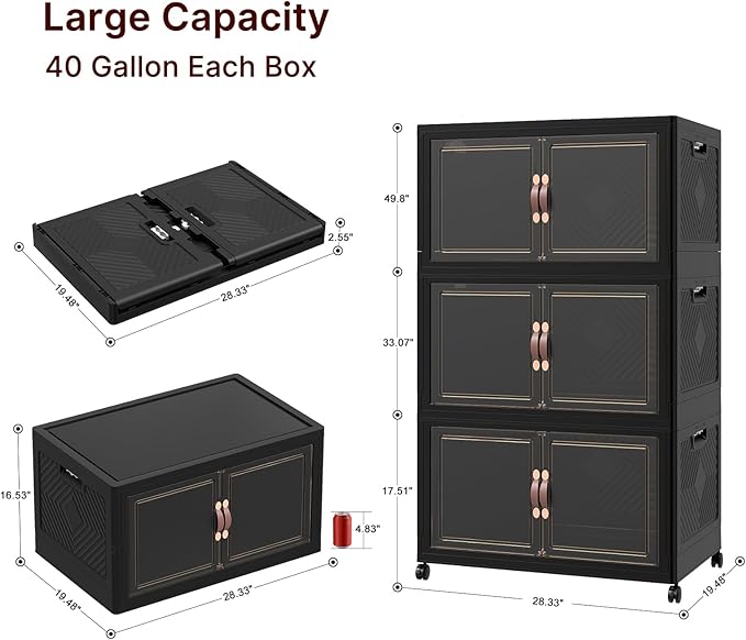 Extra Large Stackable Storage Bins, Lockable Storage Bins with Lids, Folding Storage box with Doors and Wheels, Collapsible Plastic Drawers for Home, Garage, Office (3, Black, Extra Large)