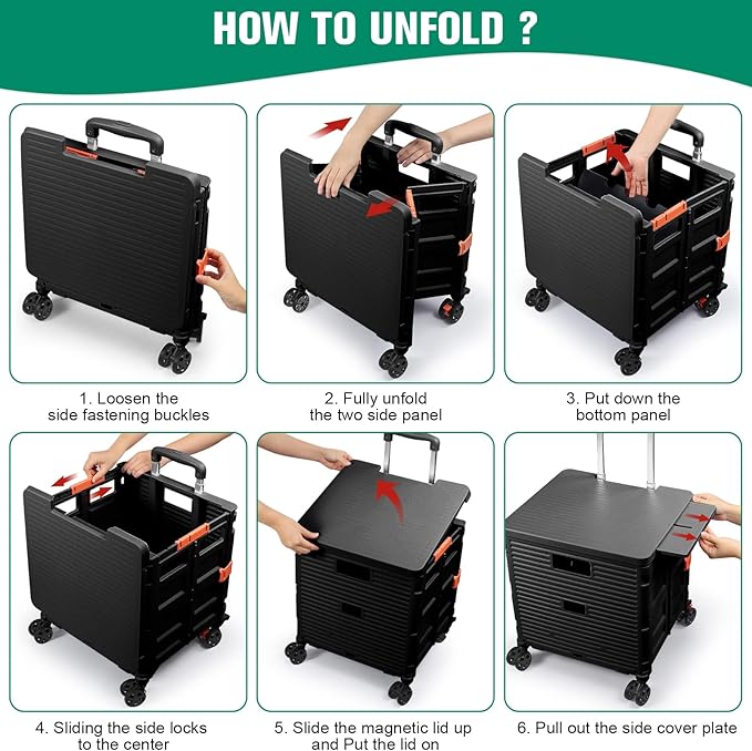 FELICON SELORSS Folding Utility Cart Portable Rolling Crate Handcart with Magnetic Sliding Lid Telescoping Handle Plastic Box Dolly 360°Swivel Wheels for Travel Shop Move Office Teacher(Black Pro)